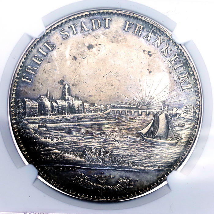 ドイツ 1843年フランクフルト 2ターラー(3.5グルデン) 大型 銀貨 都市景観 NGC ライジング・サン トーン【アンティークコイン・金貨・銀貨の販売・買取  ルナコイン】